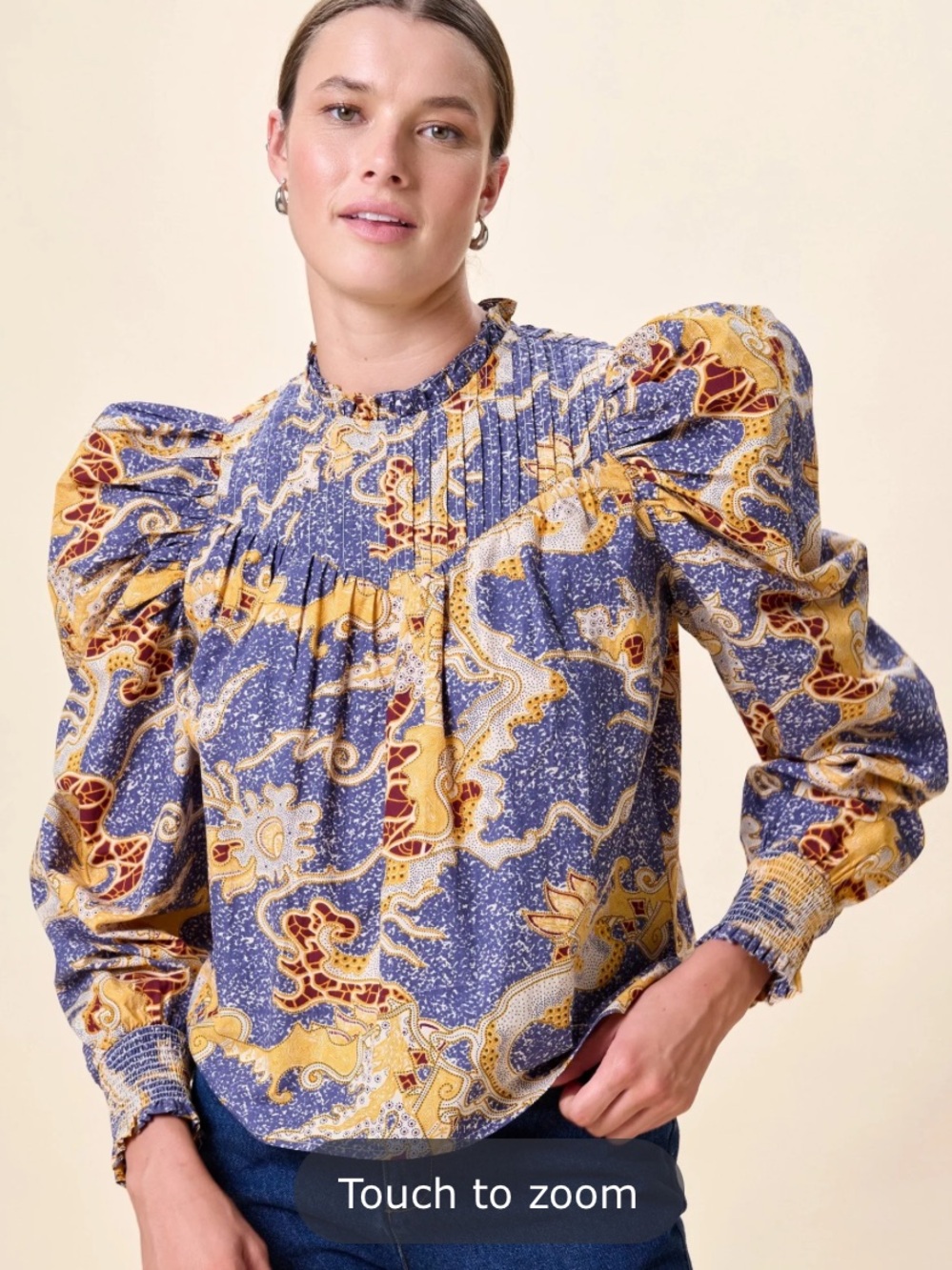 Cleobella Irina Puff-Sleeve Blouse in Blue and Yellow Floral Print